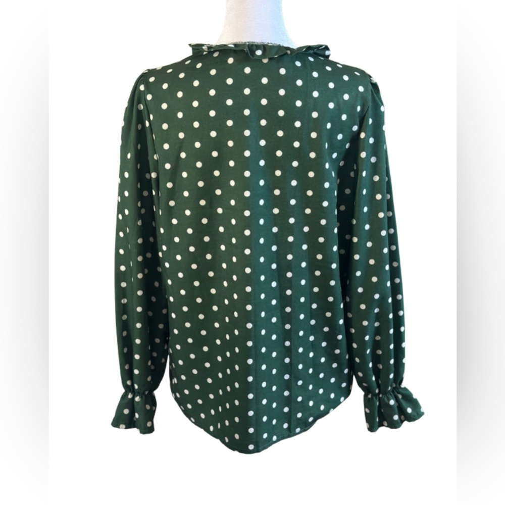 Green White Polka Dot Long Sleeve Blouse - Picture 2 of 5